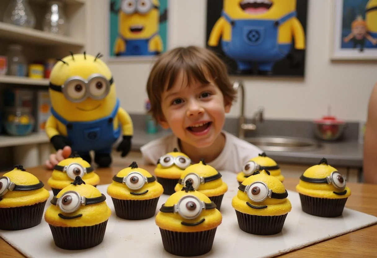 A close-up shot of meticulously decorated Minions cupcakes, featuring Kevin and King Bob cupcakes with distinct features like Kevin's single eye and King Bob's mischievous grin, all arranged attractively on a tiered dessert stand at a vibrant children's party. The background hints at a Minions-themed party atmosphere with balloons and confetti.