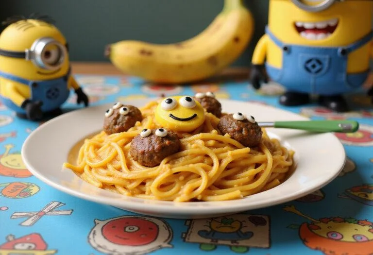 A plate of Stuart's Silly Spaghetti, featuring yellow-dressed spaghetti with minion-shaped meatballs, topped with cute edible eyes and a smiling face. The dish is arranged on a fun, colorful kitchen table decorated with Minions toys and bananas, reflecting a kid-friendly, movie-inspired setting.