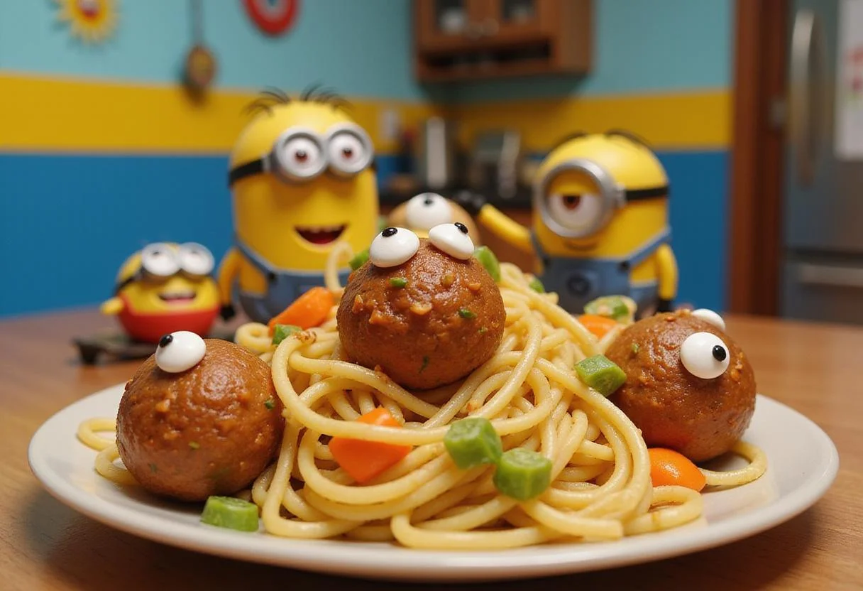 Close-up of Stuart's Silly Spaghetti featuring yellow spaghetti and minion-shaped meatballs with googly eyes, arranged on a vibrant kitchen table with Minions-themed decorations, capturing a fun, animated movie mood.