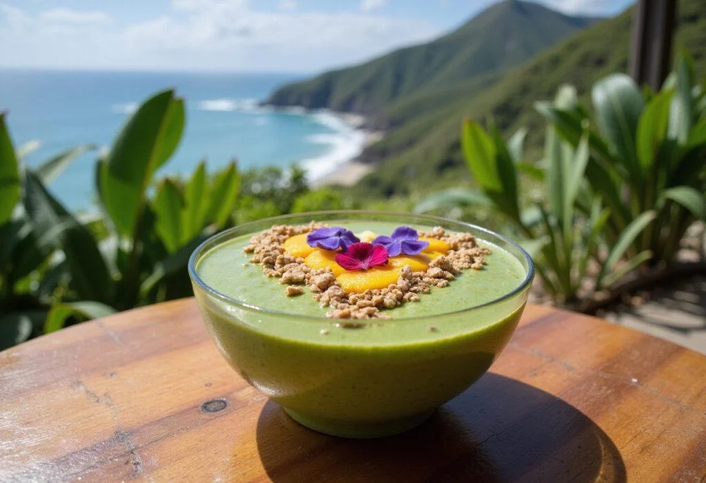 A colorful Heart of Te Fiti Smoothie Bowl in a tropical setting, featuring a vibrant green base topped with fruit slices, granola, and edible flowers, inspired by Moana. The bowl is placed on a wooden table with tropical plants and ocean scenery, showcasing a healthy Disney-inspired meal.