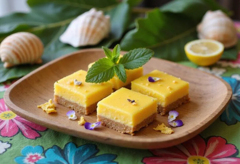 A realistic scene of Moana Lalotai Lagoon Lemon Bars displayed on a wooden tray with tropical decorations, set in a Polynesian-inspired outdoor setting with ocean views and colorful textiles, highlighting the vibrant dessert as a tropical Disney-inspired treat.