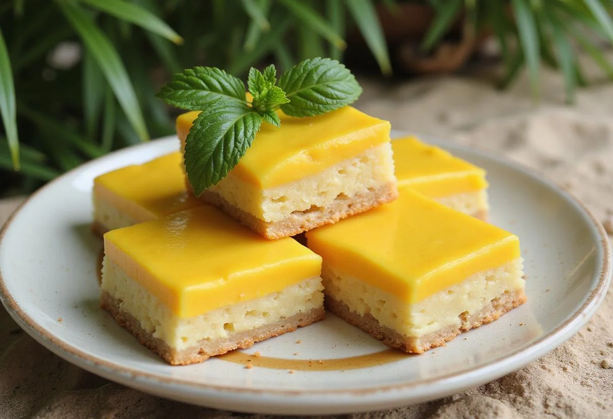 A realistic image of Moana-inspired lemon bars on a ceramic plate amidst tropical plants and beach scenery, emphasizing the colorful, tropical nature of this Disney-themed dessert in a natural island setting.