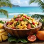 Moana's Ocean Voyage Fruit Salad served in a rustic wooden bowl on a tropical island table, with fresh pineapple, mango, and papaya, set against a lush green background with palm leaves and ocean scenery, highlighting a healthy Disney-inspired tropical dish.
