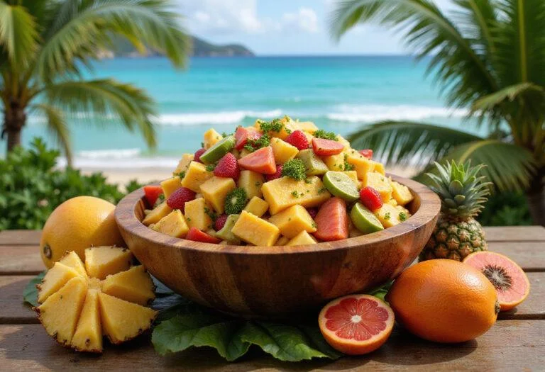 Moana's Ocean Voyage Fruit Salad served in a rustic wooden bowl on a tropical island table, with fresh pineapple, mango, and papaya, set against a lush green background with palm leaves and ocean scenery, highlighting a healthy Disney-inspired tropical dish.