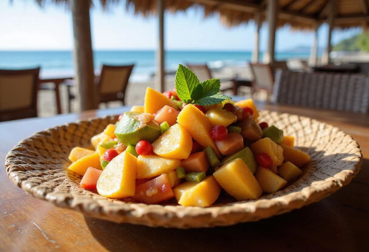 Close-up of Moana's Ocean Voyage Fruit Salad in a woven plate with mint garnish, sunlight highlighting colorful tropical fruits, with an open-air island hut and ocean view in the background, capturing a fresh and healthy Disney-inspired tropical dish.