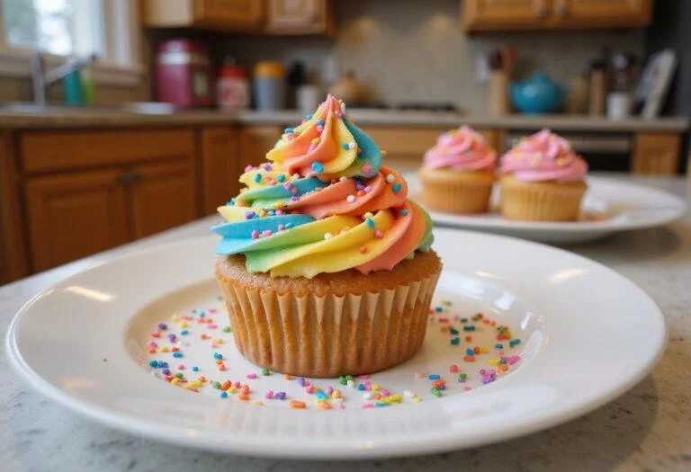 Realistic image of a colorful cupcake with rainbow icing and sprinkles on a white plate in a bright kitchen setting, inspired by Modern Family's cheerful baking scene.