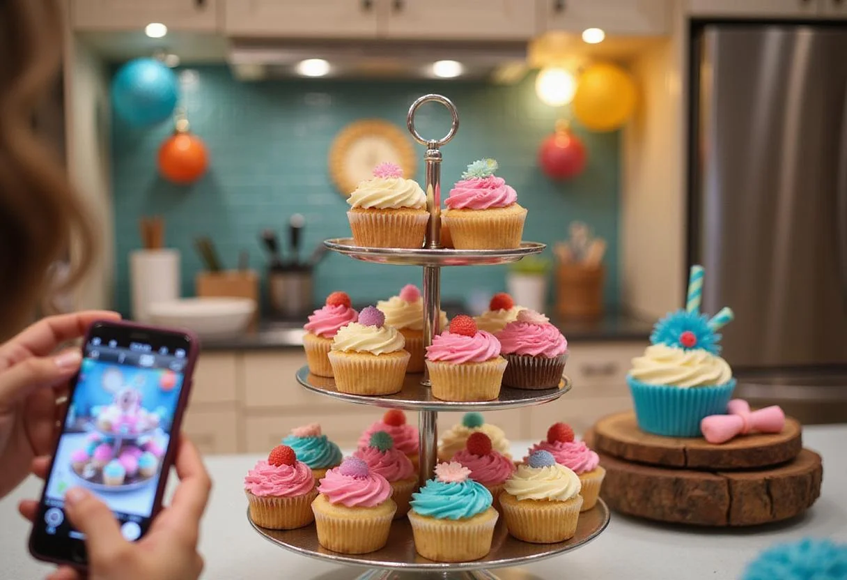 Immersive scene of Cameron's vibrant cupcakes arranged on a stand in a cheerful, well-lit kitchen inspired by Modern Family, emphasizing joyful baking and colorful decor.