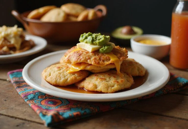 Delgado's Delicious Arepas from Modern Family, plated on a rustic wooden table with Colombian toppings such as cheese, butter, and sliced avocados, featuring golden, crispy exterior and fluffy interior, in a cozy kitchen setting.