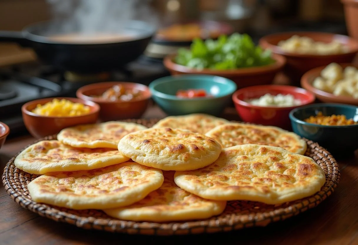 Fresh Delgado's Delicious Arepas from Modern Family, steaming and arranged on a woven platter in a lively Colombian kitchen with colorful ingredients and toppings, evoking a warm, homely vibe.