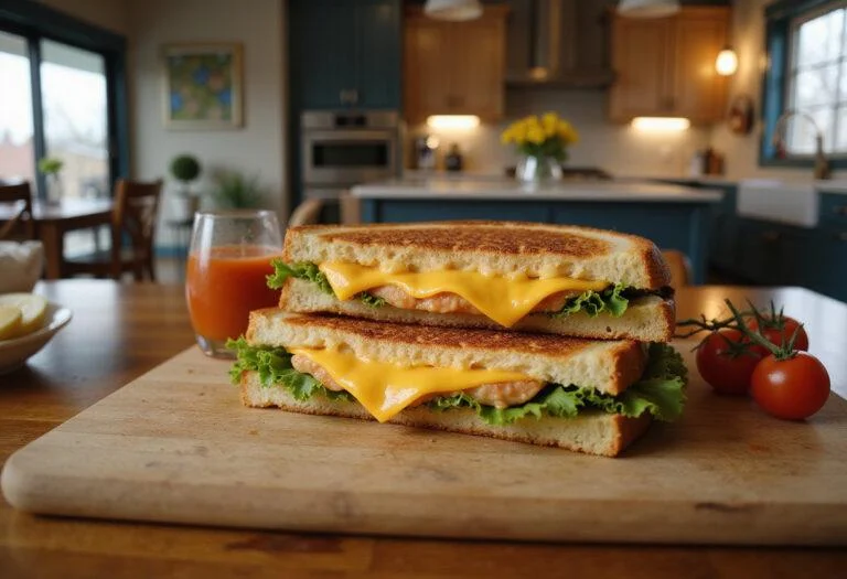 Close-up of Manny's Gourmet Grilled Cheese sandwich on a wooden cutting board, showing crispy bread, melted cheese, and fresh toppings, set in a bright, modern kitchen inspired by Modern Family.