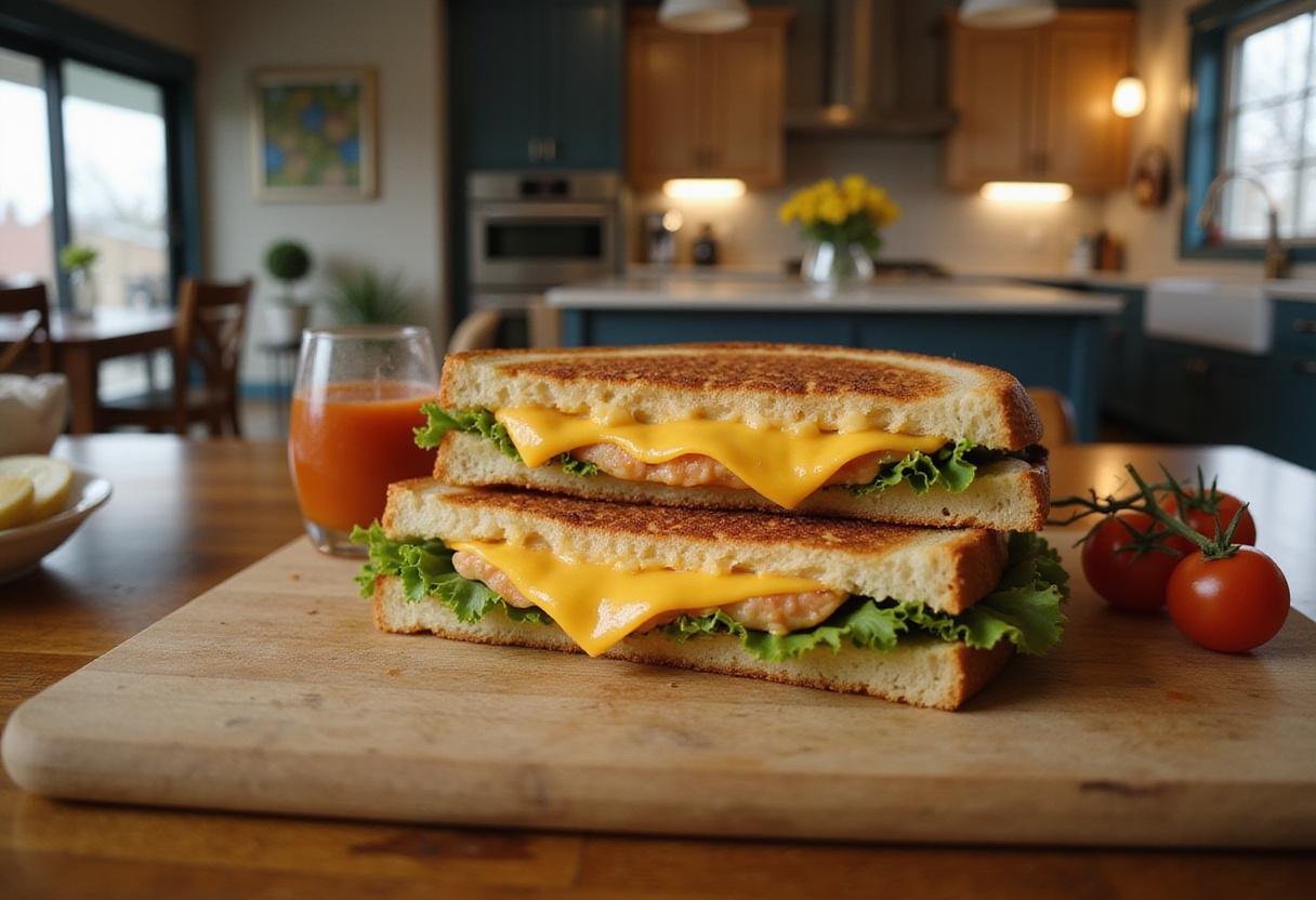 Close-up of Manny's Gourmet Grilled Cheese sandwich on a wooden cutting board, showing crispy bread, melted cheese, and fresh toppings, set in a bright, modern kitchen inspired by Modern Family.