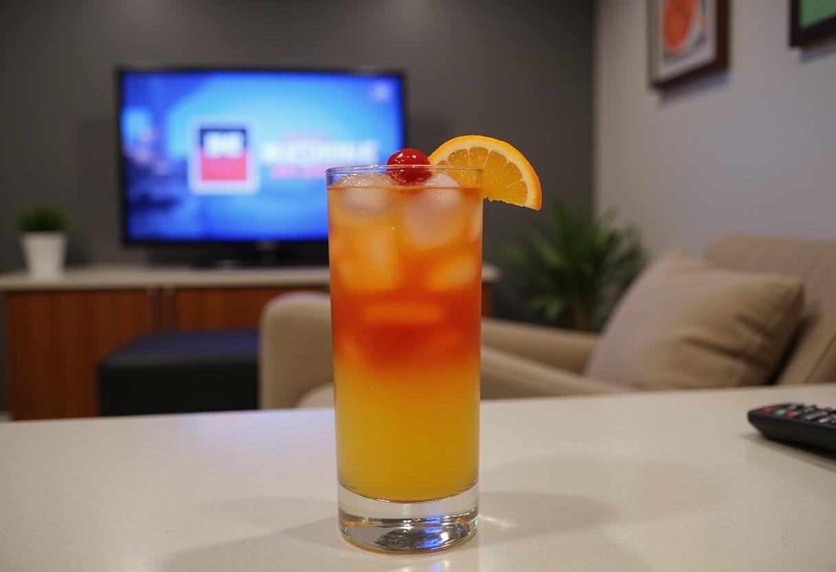 A realistic scene of Mitch's Manhattan Mocktails served in a clear glass with fruit garnishes, set on a kitchen counter inspired by Modern Family, with cozy home decor in the background.