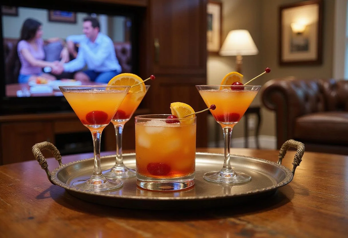An immersive scene showing Mitch's Manhattan Mocktails on a kitchen table with a TV in the background broadcasting Modern Family, emphasizing a casual gathering or after-dinner drink in a cozy home environment.
