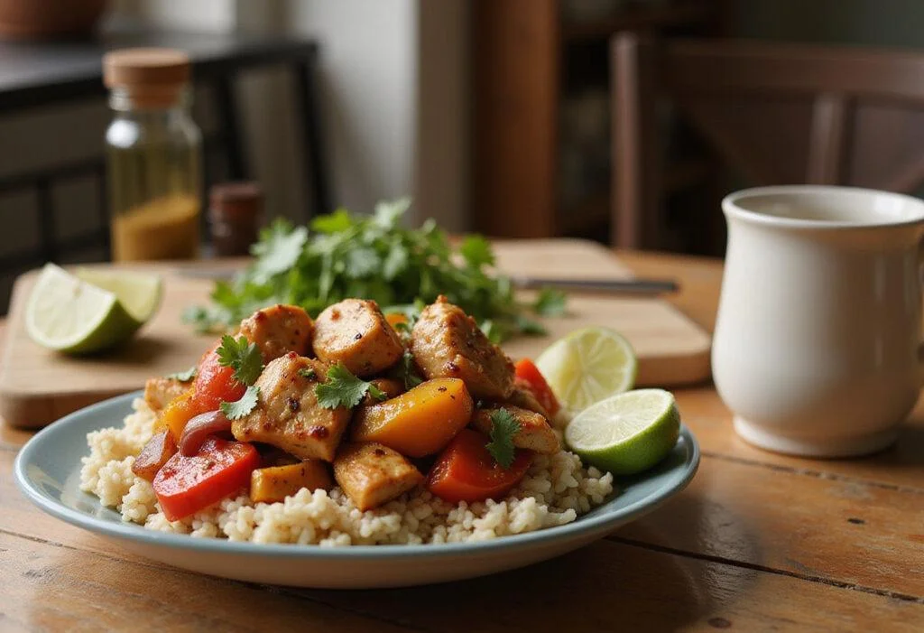 Close-up of Phil's Phantastic Fajita Bowls on a wooden table in a contemporary kitchen. The bowl features vibrant grilled chicken, sautéed peppers and onions, rice, and fresh herbs, styled in a realistic, appetizing way suitable for a Modern Family episode.