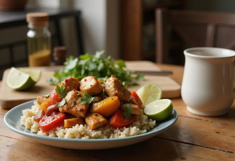 Close-up of Phil's Phantastic Fajita Bowls on a wooden table in a contemporary kitchen. The bowl features vibrant grilled chicken, sautéed peppers and onions, rice, and fresh herbs, styled in a realistic, appetizing way suitable for a Modern Family episode.