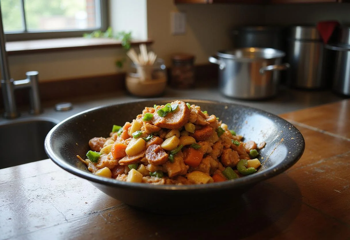 A vibrant Modern Family Phil's Phantastic Fajita Bowl, showcasing perfectly cooked chicken strips, colorful bell peppers, onions, and fluffy rice, garnished with cilantro and lime, all presented on a rustic wooden table, evoking the warmth of a family gathering.