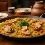 Realistic image of Pritchett's Perfect Paella served in a rustic paella pan, showing vibrant saffron rice with seafood and chicken, set on a wooden table in a cozy kitchen inspired by Modern Family's Spanish dinner scene. Warm lighting highlights the inviting ambiance and colorful ingredients.