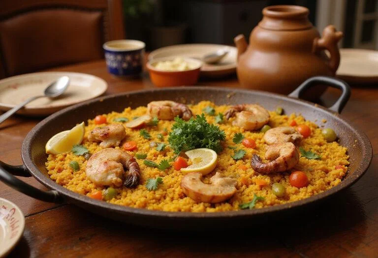 Realistic image of Pritchett's Perfect Paella served in a rustic paella pan, showing vibrant saffron rice with seafood and chicken, set on a wooden table in a cozy kitchen inspired by Modern Family's Spanish dinner scene. Warm lighting highlights the inviting ambiance and colorful ingredients.