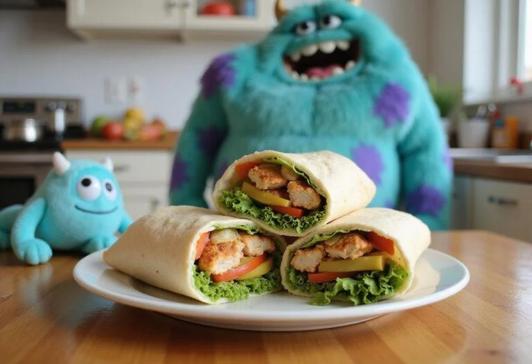 A close-up of CDA Cleanup Crew Chicken Wraps served on a plate, presented in a colorful, Monster Inc.-themed kitchen setting with playful decorations and a monster plush toy nearby, highlighting a fun Disney Pixar-inspired lunch.