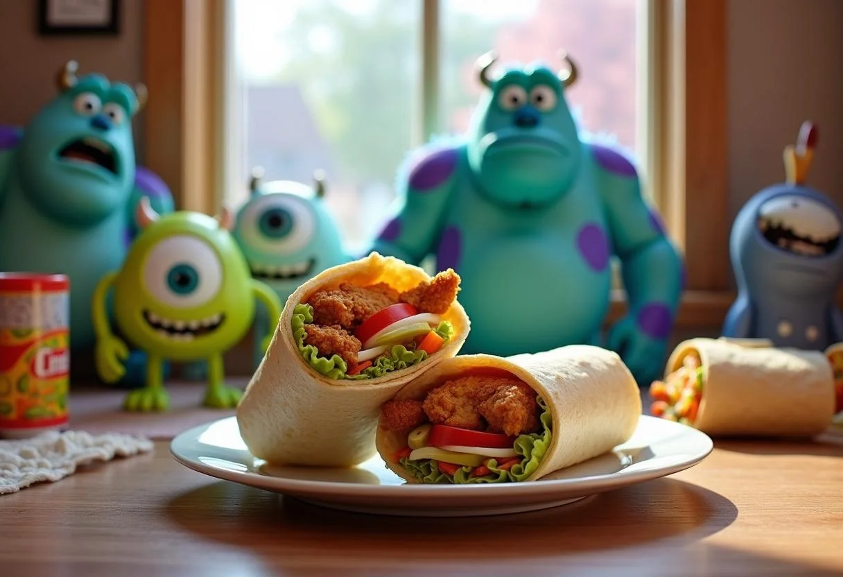 An immersive scene with Monster Inc. themed decor featuring a plate of CDA Chicken Wraps, sliced open to display the filling, set in a playful, animated environment reminiscent of the Monster Inc. universe, creating a fun lunch presentation.