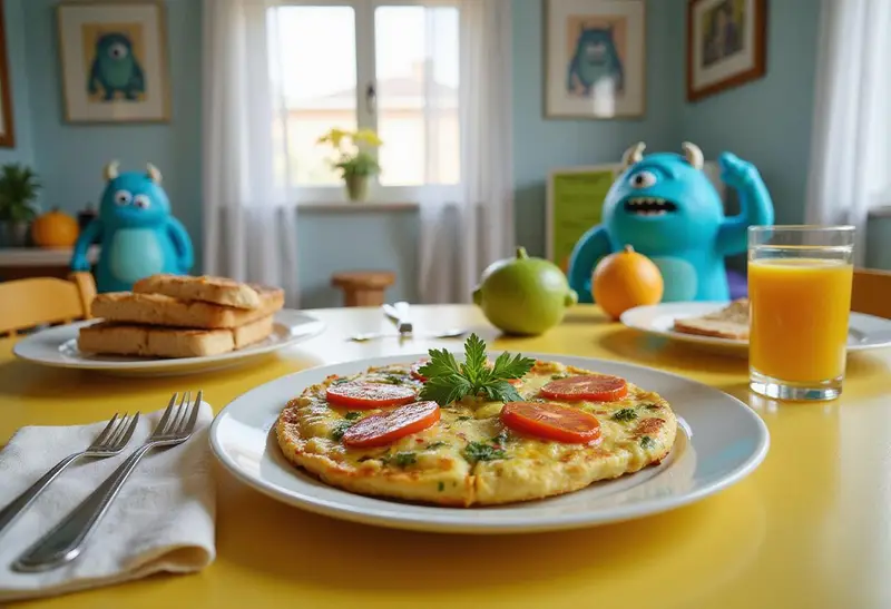 A vibrant, appetizing Monsters, Inc. Fungus' Fear Factor Frittata plated neatly on a colorful Disney Pixar-themed breakfast table, decorated with Monsters, Inc. toys and posters, presenting a fun and kid-friendly breakfast scene.