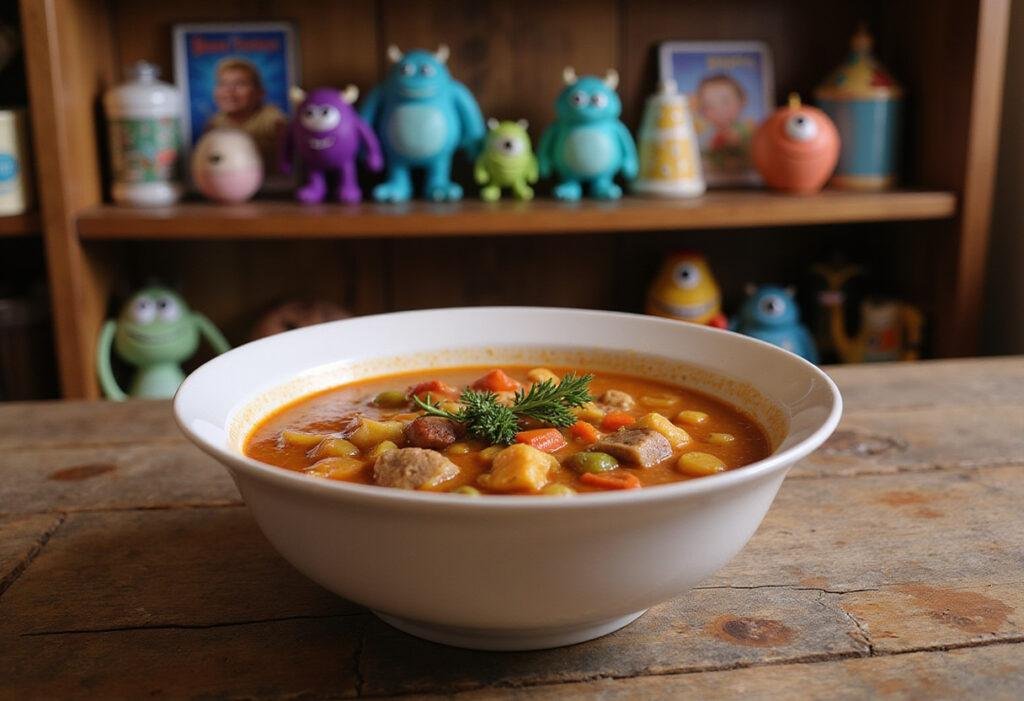 A detailed image of George Sanderson's Sock on the Back Soup, served in a deep bowl on a wooden table in a Monsters, Inc.-themed kitchen. The soup has vibrant colors, chunks of vegetables and meat, and is garnished with herbs, with monster-themed decorations and plush toys in the background enhancing the playful atmosphere.