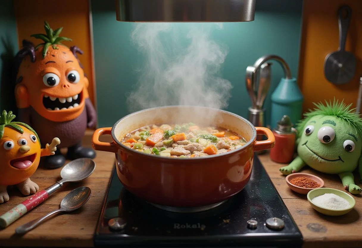 An immersive scene of George Sanderson's Sock on the Back Soup cooking in a large pot in a vibrant Monstropolis kitchen. The pot emits steam, with fresh ingredients visible, and the kitchen is decorated with monster-themed utensils and playful decor, creating a lively, animated cooking atmosphere.