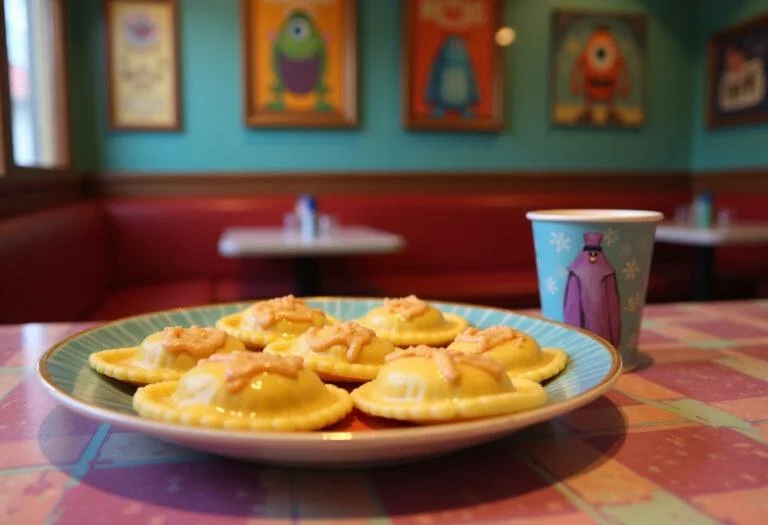 Realistic image of Roz's Report Ready Ravioli on a Disney Pixar-themed table, showing golden ravioli with sauce, set in a Monsters Inc. restaurant environment with colorful decorations and character posters from the movie.