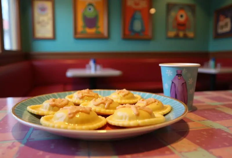 Realistic image of Roz's Report Ready Ravioli on a Disney Pixar-themed table, showing golden ravioli with sauce, set in a Monsters Inc. restaurant environment with colorful decorations and character posters from the movie.