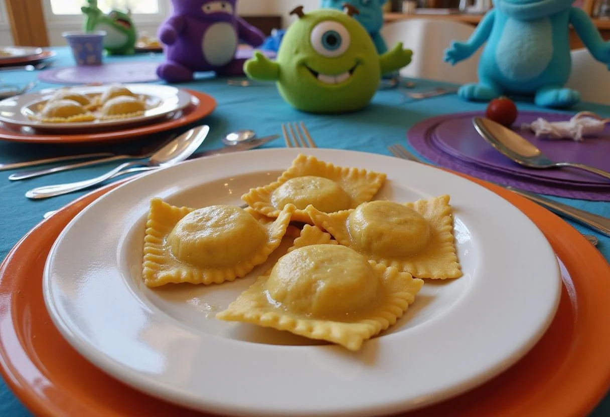 Illustration of Roz's Report Ready Ravioli served at a Monsters Inc. themed dinner setting, with bright decorations, playful monster plush toys, and themed dinnerware creating a lively scene in the movie's universe.