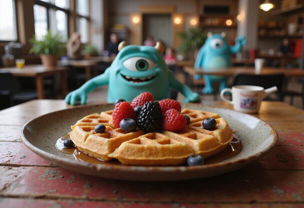 Close-up of waternoose's web-shaped waffles decorated with berries and syrup on a breakfast plate, set in the Monsters Inc. factory with colorful monsters and machinery in the background, creating a fun and inviting scene.