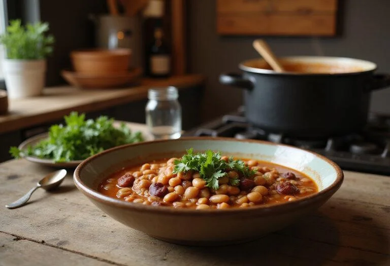 A realistic image of barley and bean chili served in a bowl on a wooden table, garnished with cilantro in a cozy kitchen setting, evoking the warmth of Onward's family scene.