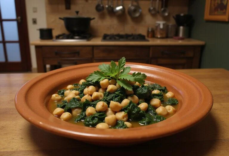 A close-up of Penélope Cruz's chickpea and spinach stew presented in a rustic Spanish bowl, garnished with herbs, set on a wooden table in a traditional Spanish kitchen with colorful tiles and hanging utensils, highlighting the hearty, vibrant ingredients.