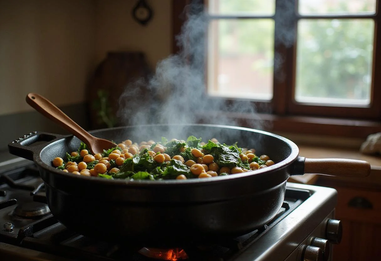 An image of a cozy Spanish kitchen with a steaming cast-iron pot on an open stove, filled with Penélope Cruz's chickpea and spinach stew, gentle light shining through a window, creating a warm, inviting scene of homemade comfort food in a traditional setting.