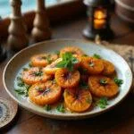 Close-up of golden caramelized plantains garnished with herbs, served on a rustic plate placed on a wooden table with pirate-themed decorations like a ship's compass, nautical map, and lantern, creating a pirate Caribbean atmosphere.