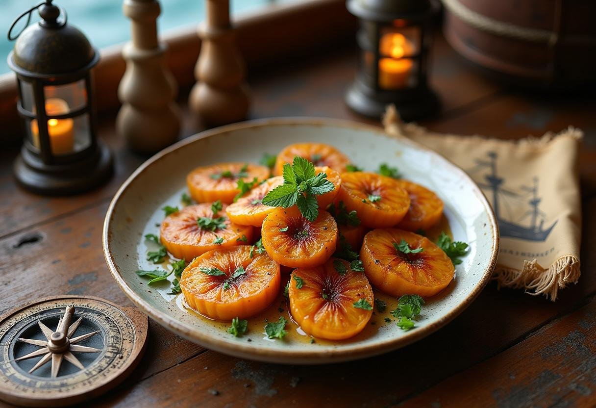Close-up of golden caramelized plantains garnished with herbs, served on a rustic plate placed on a wooden table with pirate-themed decorations like a ship's compass, nautical map, and lantern, creating a pirate Caribbean atmosphere.