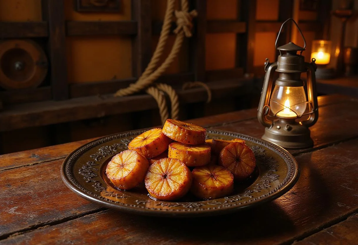 Scene showing caramelized plantains served on a pirate ship galley table with wooden walls, ropes, and lantern lighting, creating an adventurous pirate Caribbean setting.