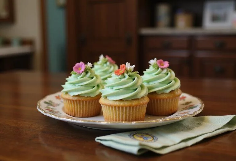 Betty Cooper's Sweet Pea Cupcakes arranged on a vintage plate in a cozy Riverdale kitchen with pastel green frosting and edible flower toppings, with Riverdale-themed decorations in the background.