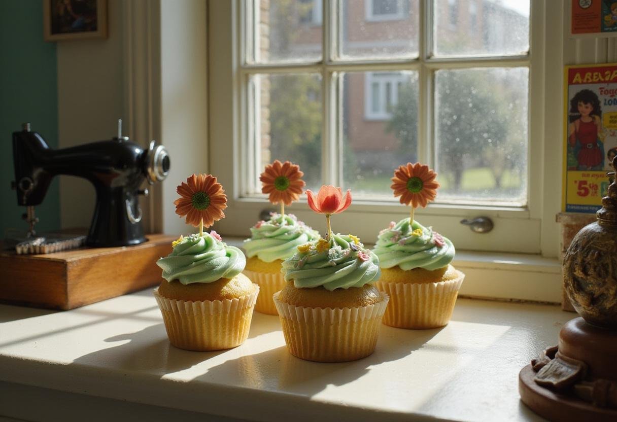 Scene of Betty Cooper's Sweet Pea Cupcakes on a windowsill in Riverdale, decorated with green frosting and edible flowers, with vintage posters and sewing supplies visible in the cozy bedroom backdrop.