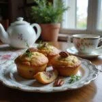 Cheryl Blossom's maple flavor muffins arranged on a plate in a Riverdale-themed breakfast setting, featuring rustic decor and natural morning light. The muffins are golden, glazed with maple syrup, and garnished with pecans and herbs, creating a cozy country-style scene.