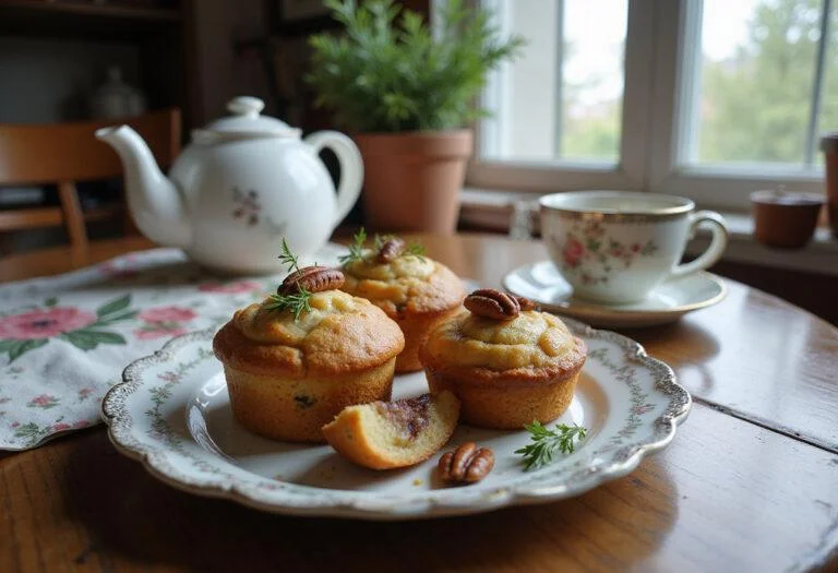 Cheryl Blossom's maple flavor muffins arranged on a plate in a Riverdale-themed breakfast setting, featuring rustic decor and natural morning light. The muffins are golden, glazed with maple syrup, and garnished with pecans and herbs, creating a cozy country-style scene.