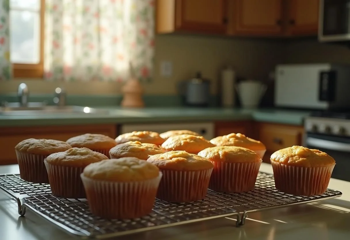 Freshly baked Maple Ridge Muffins cooling on a wire rack in Cheryl Blossom's vintage kitchen, with sunlight filling the room. The scene highlights a cozy, homey atmosphere with rustic decor and Riverdale charm, perfect for a morning meal.