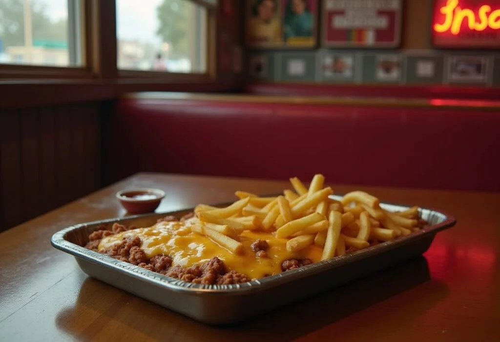 Close-up of Jughead Jones's Burger and Fries Casserole served on a vintage tray, viewed in a classic Riverdale diner with neon signs and wooden booth seats, showcasing the cheesy, crispy casserole with fries on top and a side of ketchup.