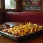 Close-up of Jughead Jones's Burger and Fries Casserole served on a vintage tray, viewed in a classic Riverdale diner with neon signs and wooden booth seats, showcasing the cheesy, crispy casserole with fries on top and a side of ketchup.