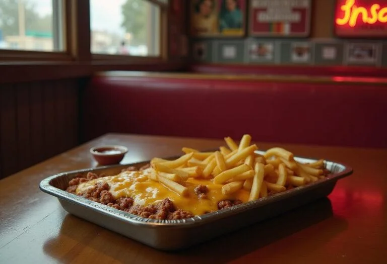 Close-up of Jughead Jones's Burger and Fries Casserole served on a vintage tray, viewed in a classic Riverdale diner with neon signs and wooden booth seats, showcasing the cheesy, crispy casserole with fries on top and a side of ketchup.