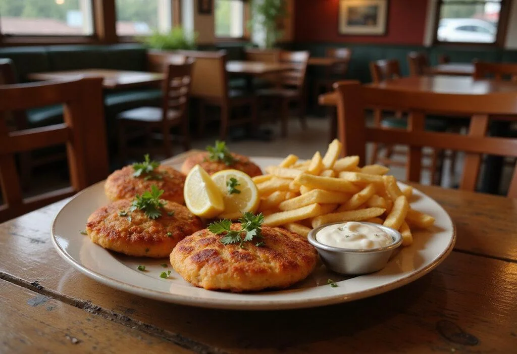 A plate of Riverdale Sweetwater River Salmon Patties served in a cozy diner, displaying golden-brown salmon patties garnished with lemon and herbs, accompanied by fries and tartar sauce, set in the nostalgic atmosphere of Riverdale.