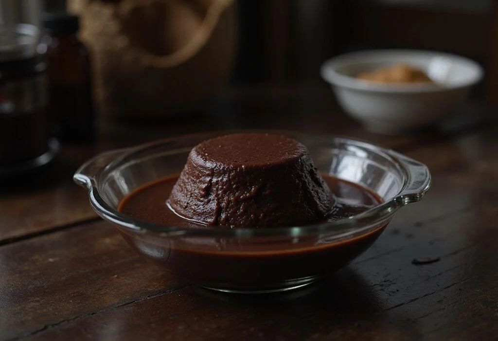 A realistic image of dark chocolate pudding presented in a glass dish on a wooden table, set in a vintage Riverdale setting with moody lighting and retro decor, capturing the dark and mysterious vibe of the series.