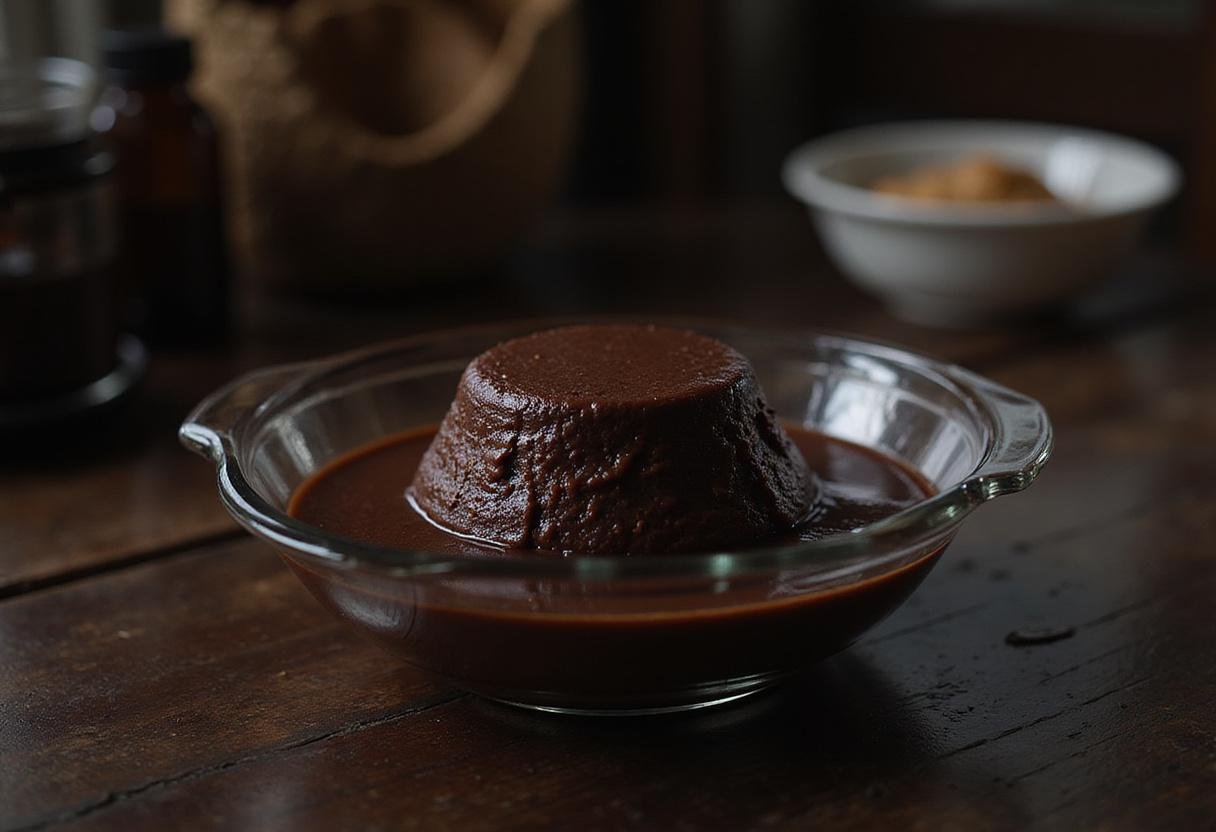 A realistic image of dark chocolate pudding presented in a glass dish on a wooden table, set in a vintage Riverdale setting with moody lighting and retro decor, capturing the dark and mysterious vibe of the series.