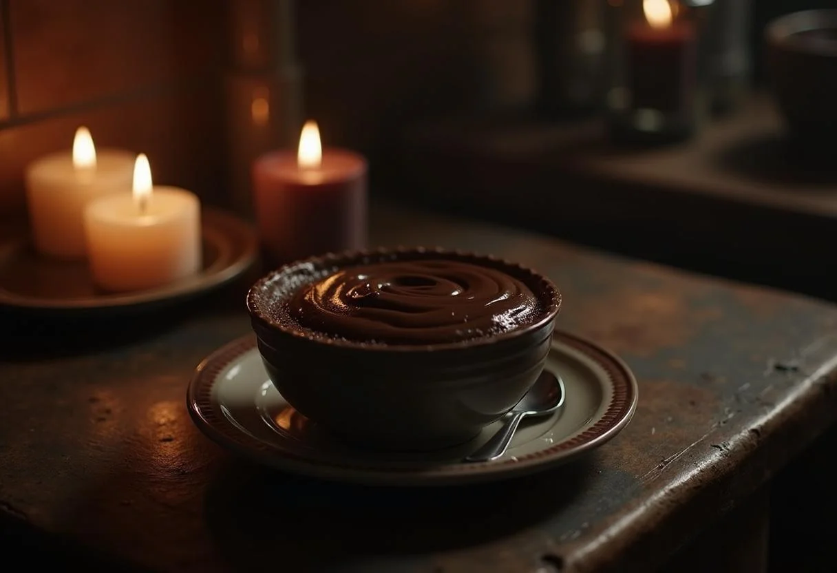 A scene depicting the black hood's dark chocolate pudding sitting on a rustic kitchen counter in Riverdale, with moody lighting and shadows, emphasizing the dark, suspenseful tone of the TV series and highlighting the decadent dessert.