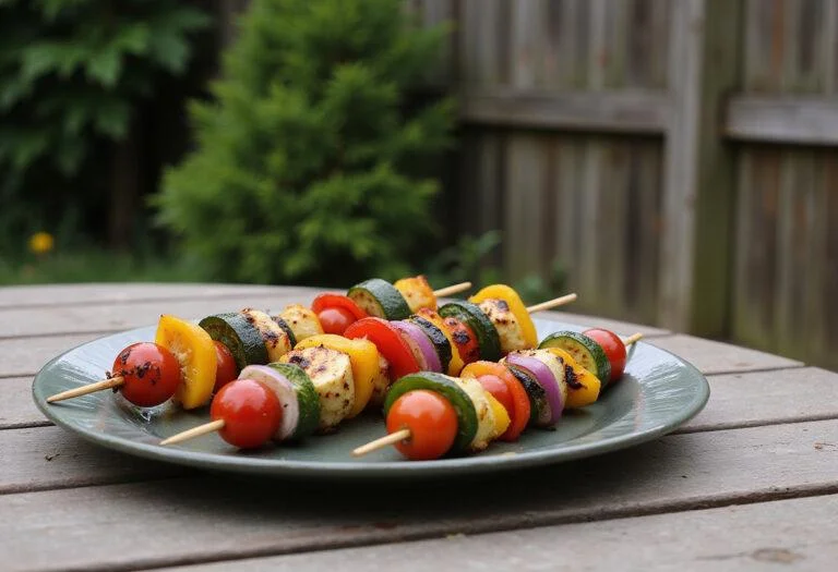 Close-up of Veronica Lodge's Vixen Veggie Skewers displayed on a platter outdoors in Riverdale, showing vibrant, grilled vegetables with slight charring, set against a backyard with lush greenery and Riverdale-style decor, capturing the TV show's aesthetic.